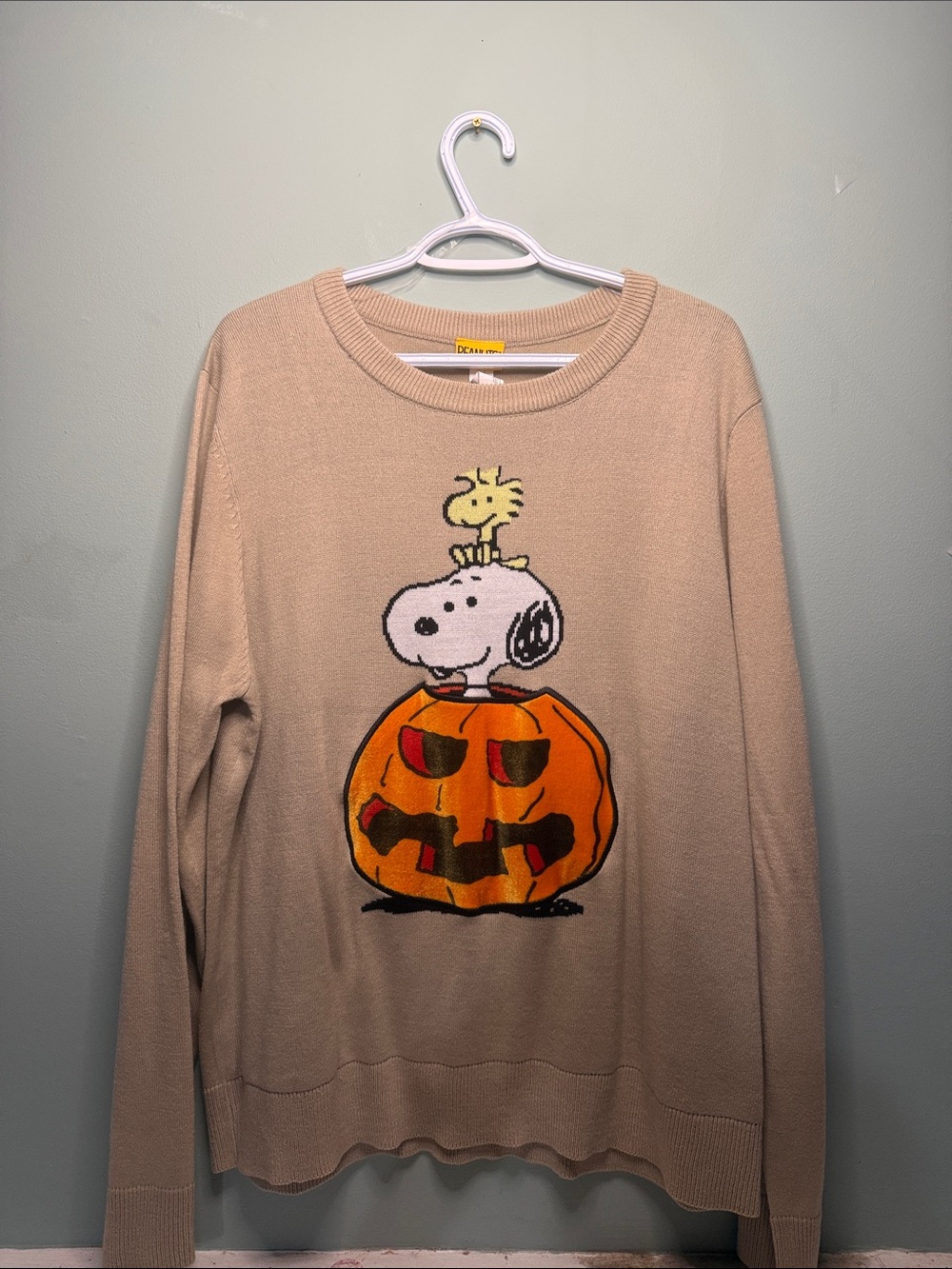 Peanuts Beige Crewneck Sweater with Halloween Pumpkin and Snoopy